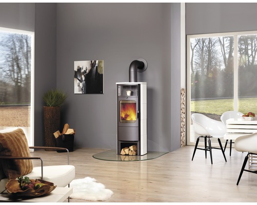 Kaminofen Hark Opera-B Grande Keramik creme-weiß 7 kW mit Holzfach und Wärmefach