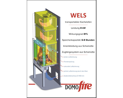 Kaminofen Kachelofen DOMOFIRE Wels Keramik cremebraun 8 kW mit Wärmespeicher mit Holzfach